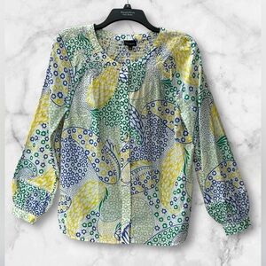 Talbots Smocked Peasant Blouse Button Up Crochet Accents Green Blue Yellow Sz S